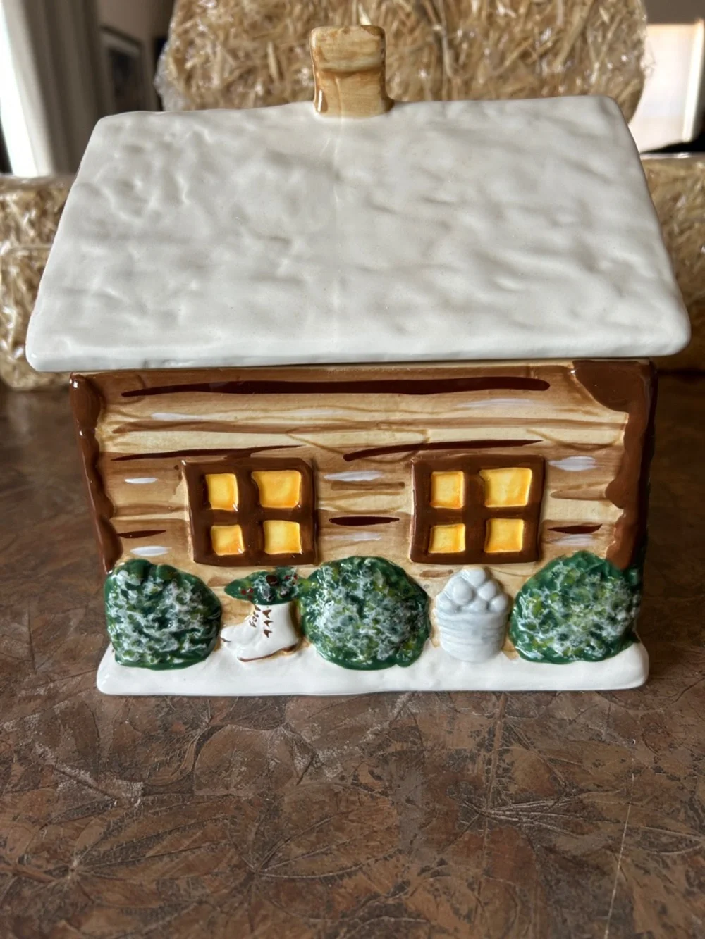 Hand Painted Sweet Log Cabin Home Ceramic Cookie Jar